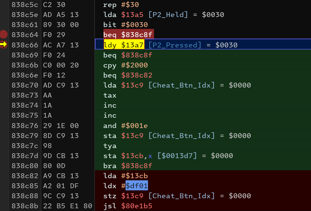 Screenshot of a debugger showing input recording for cheat codes.